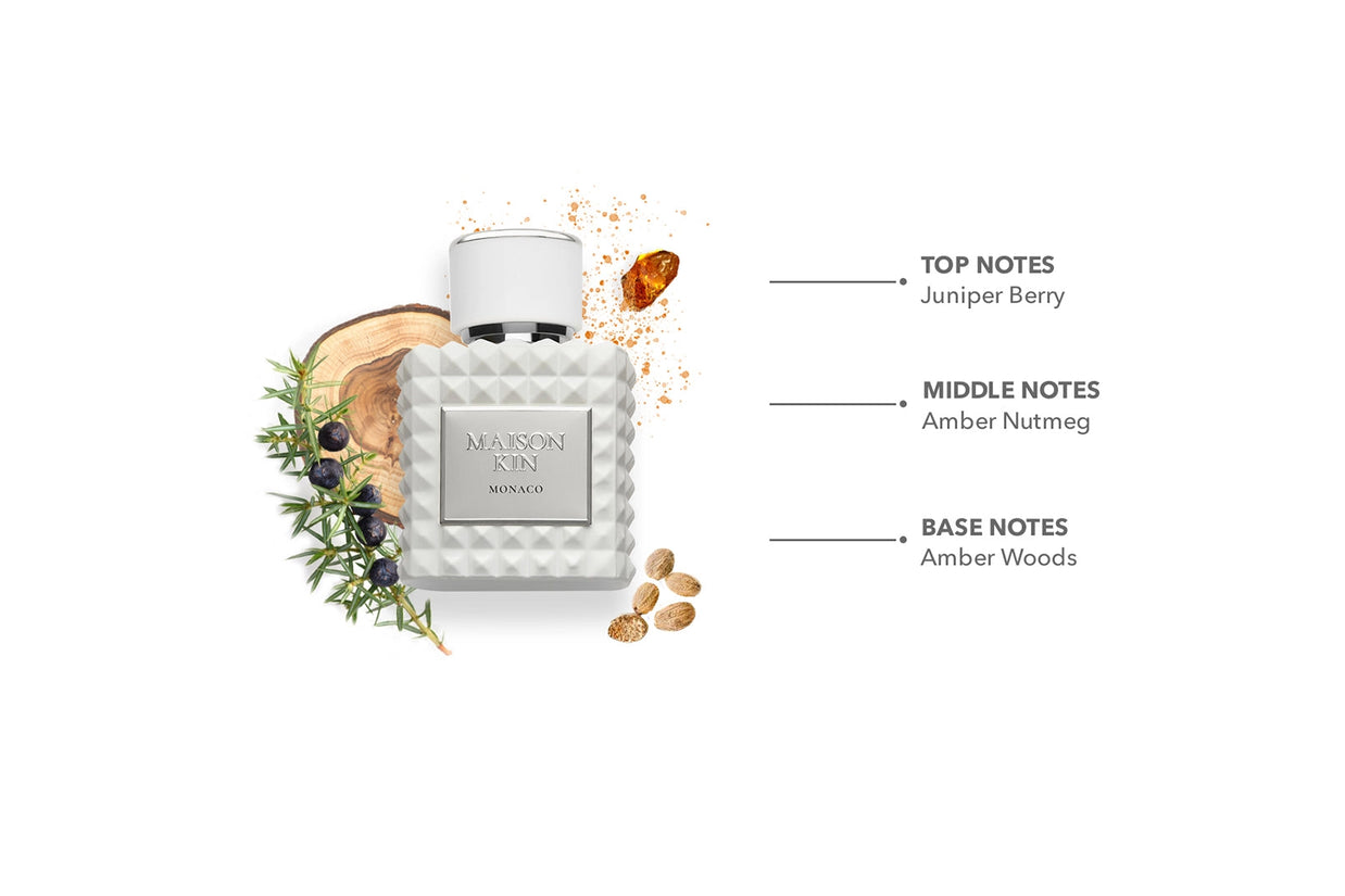 Maison Kin Monaco fragrance bottle with geometric quilted glass, silver cap, surrounded by juniper sprigs, amber, and nutmeg