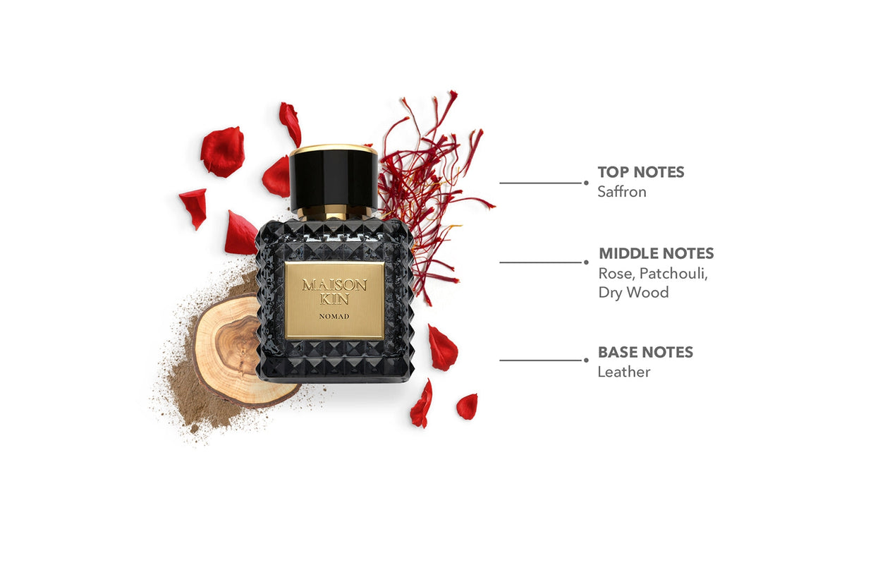 Maison Kin Nomad perfume bottle with black geometric glass, gold label, black cap surrounded by red rose petals and saffron