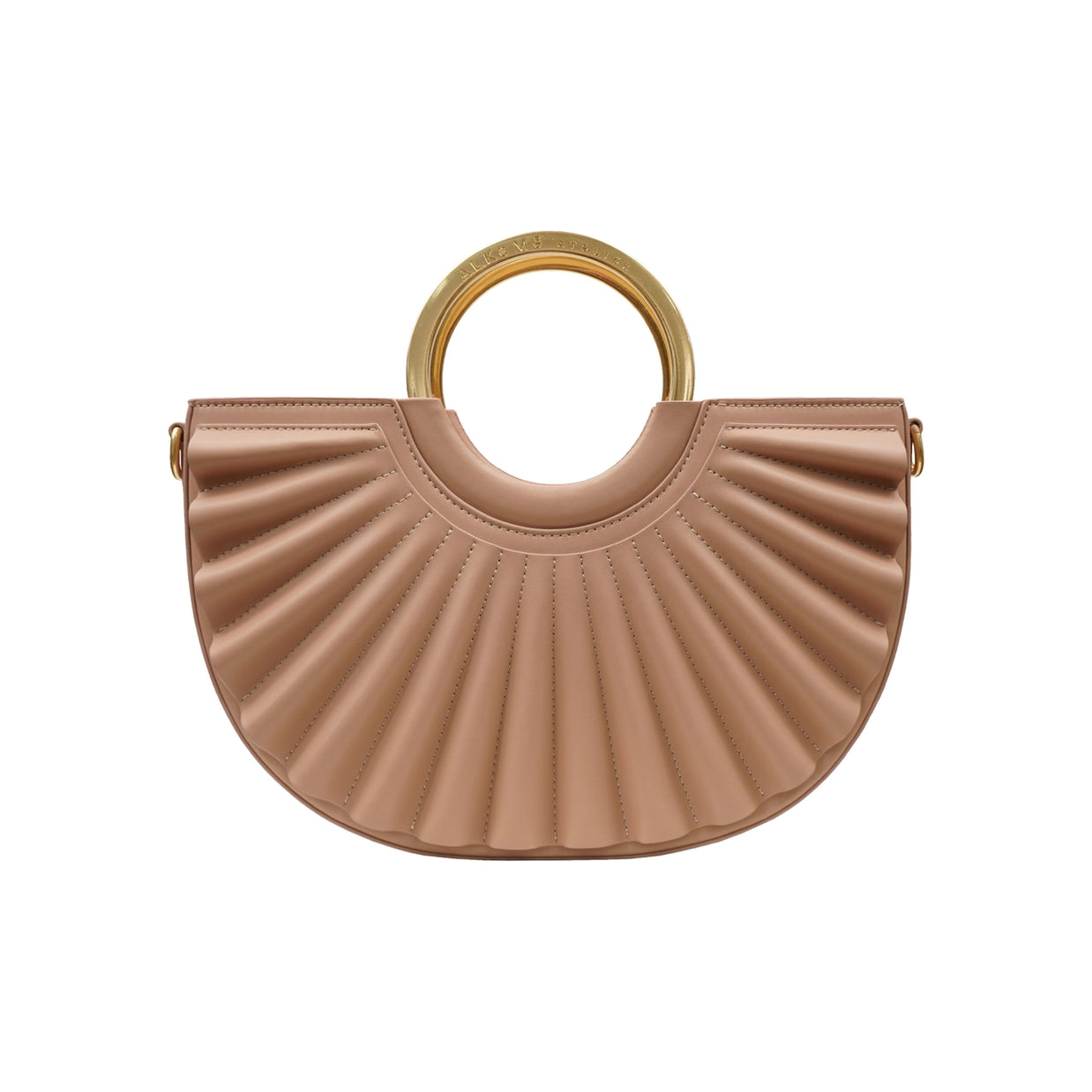 Tan quilted leather half-moon handbag with sunburst pleated pattern and polished gold circular top handle