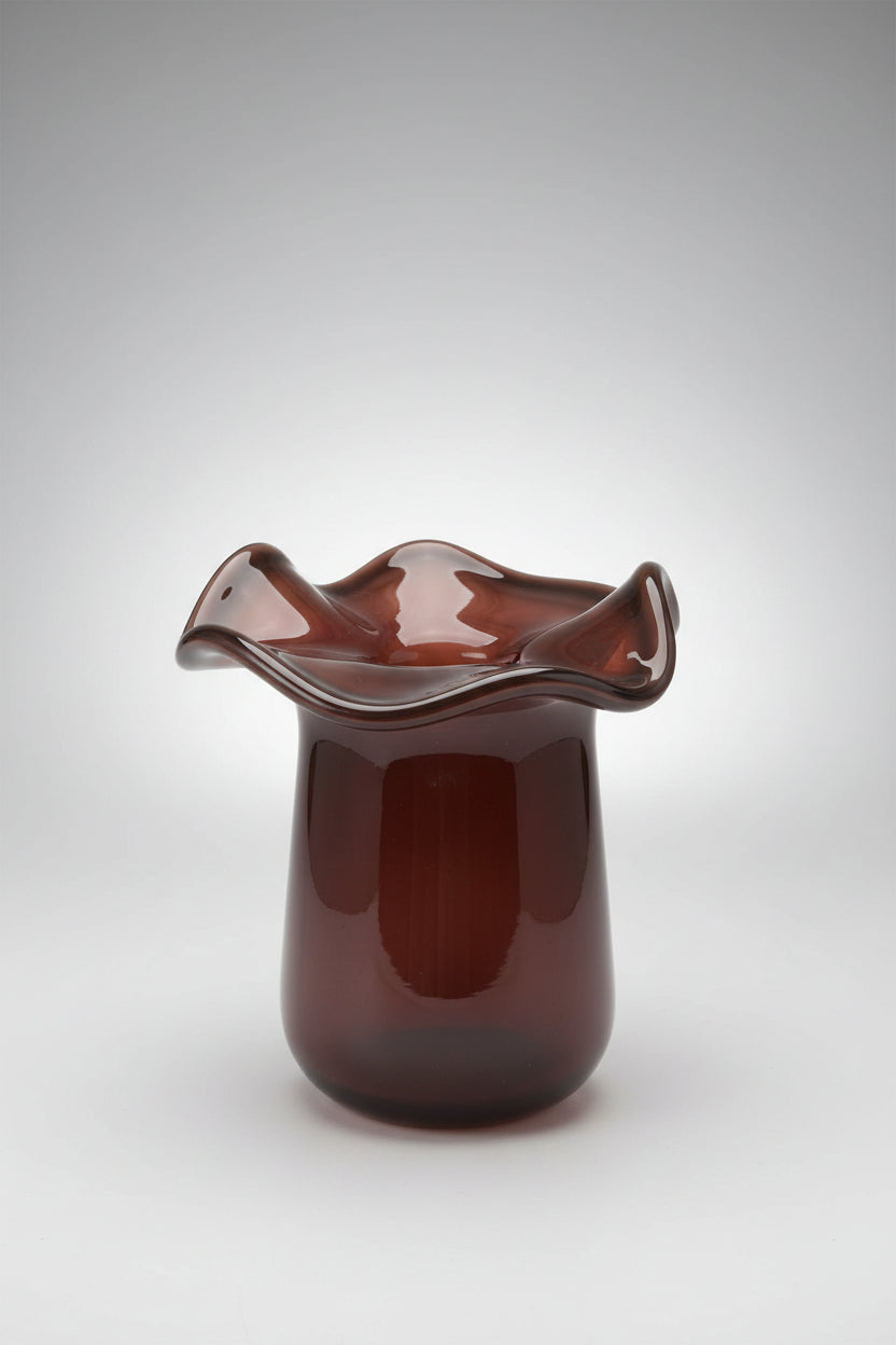 Chocolate brown art glass vase with ruffled petal-shaped rim and smooth cylindrical base with glossy finish