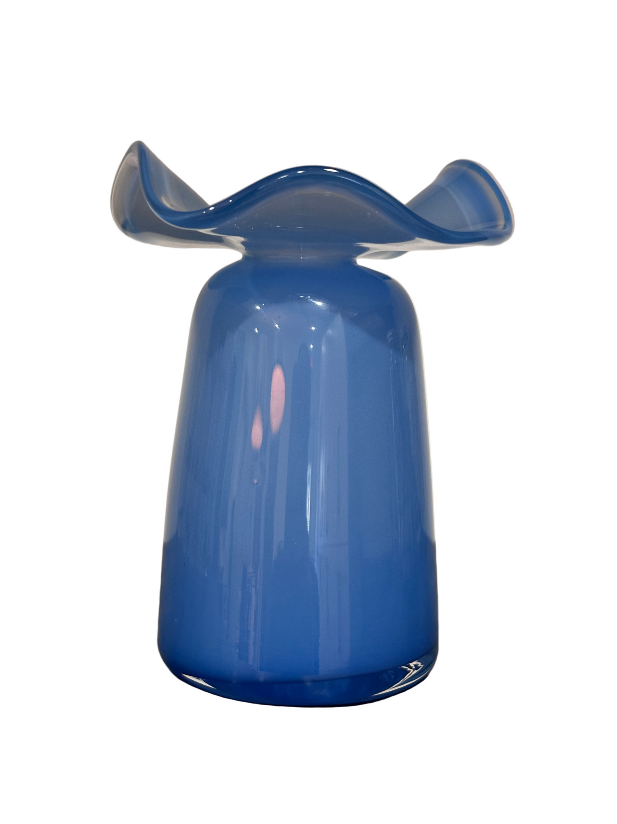 Cobalt blue blown glass vase with three-petal ruffled rim and cylindrical tapered body on white background