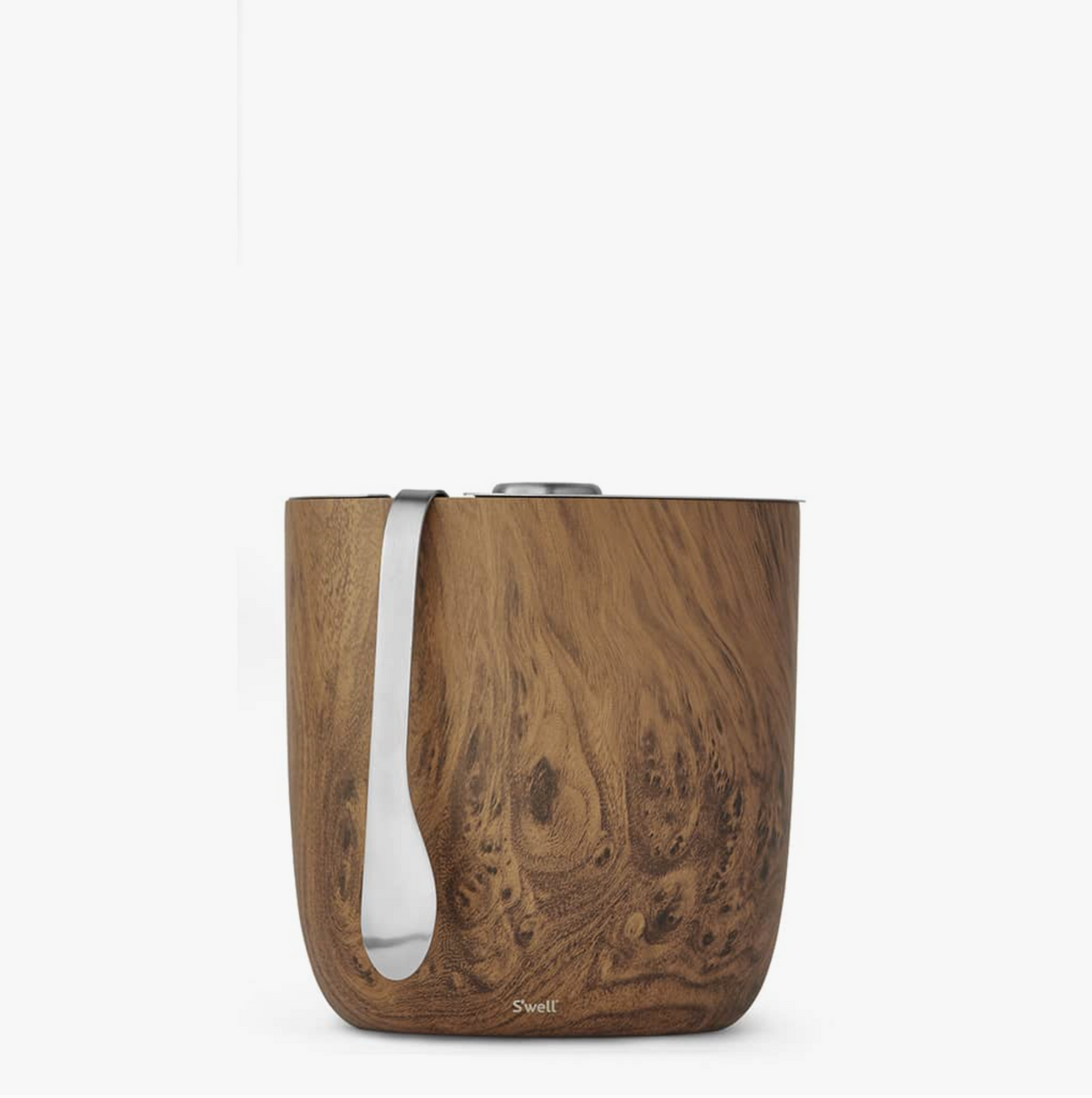 Teakwood insulated ice bucket with natural wood grain finish, curved white silicone handle, and stainless steel tongs on top