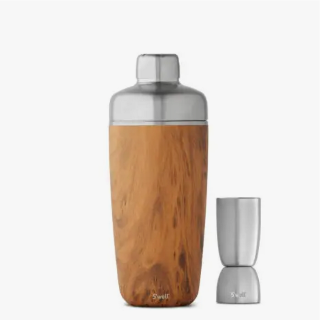 Stainless steel cocktail shaker with wood grain teakwood finish and matching jigger, brushed metal cap and base