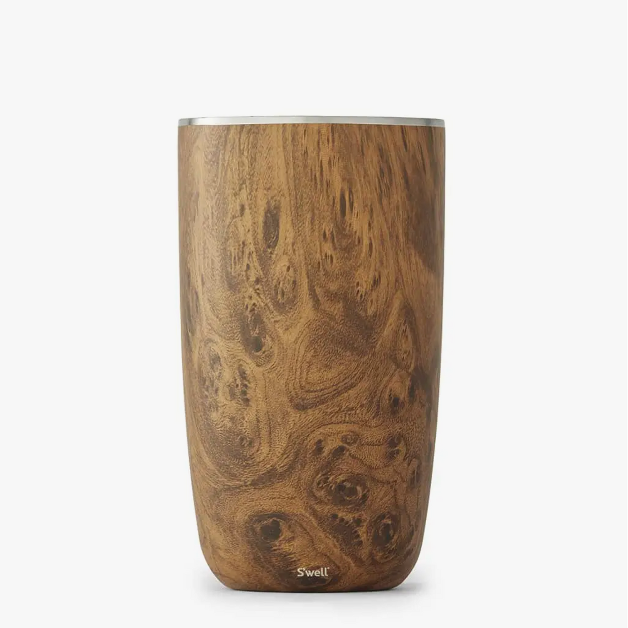 Insulated tumbler with natural teakwood grain pattern exterior and stainless steel rim, displaying rich brown swirls and knots