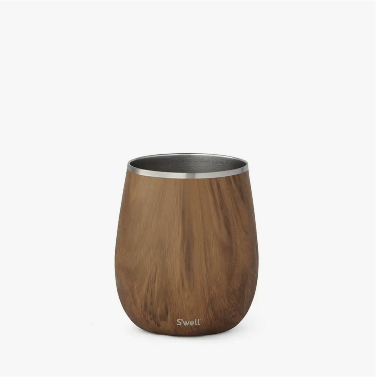 S'well insulated wine tumbler with wood grain teakwood finish, rounded barrel shape, and brushed stainless steel rim