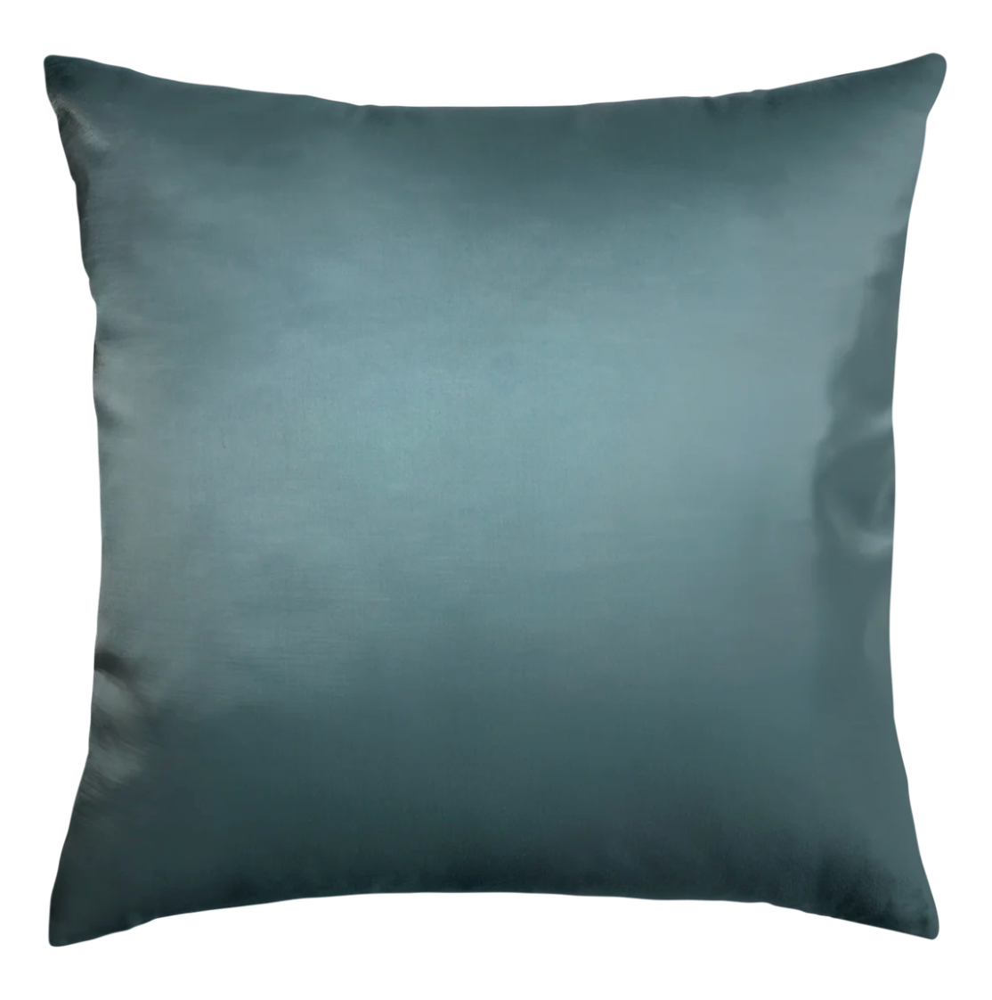 Square teal-blue satin throw pillow with lustrous sheen and smooth fabric finish