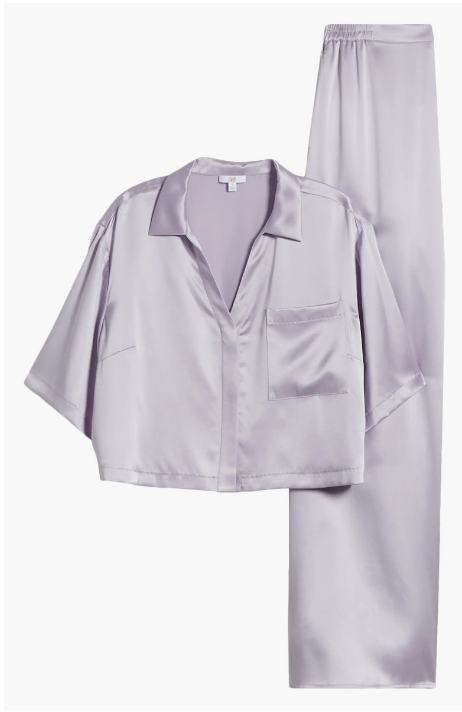 Lilac satin pajama set with short-sleeve notch collar shirt with chest pocket and matching elastic waist pants