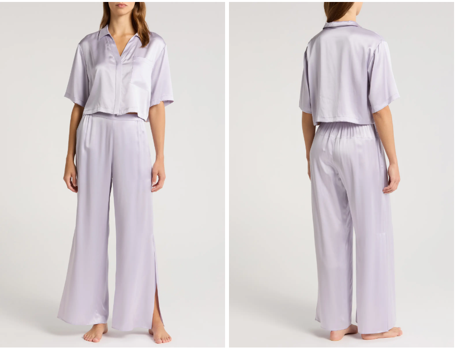 Lavender silk two-piece pajama set with cropped collared shirt and wide-leg pants with side slits, front and back view