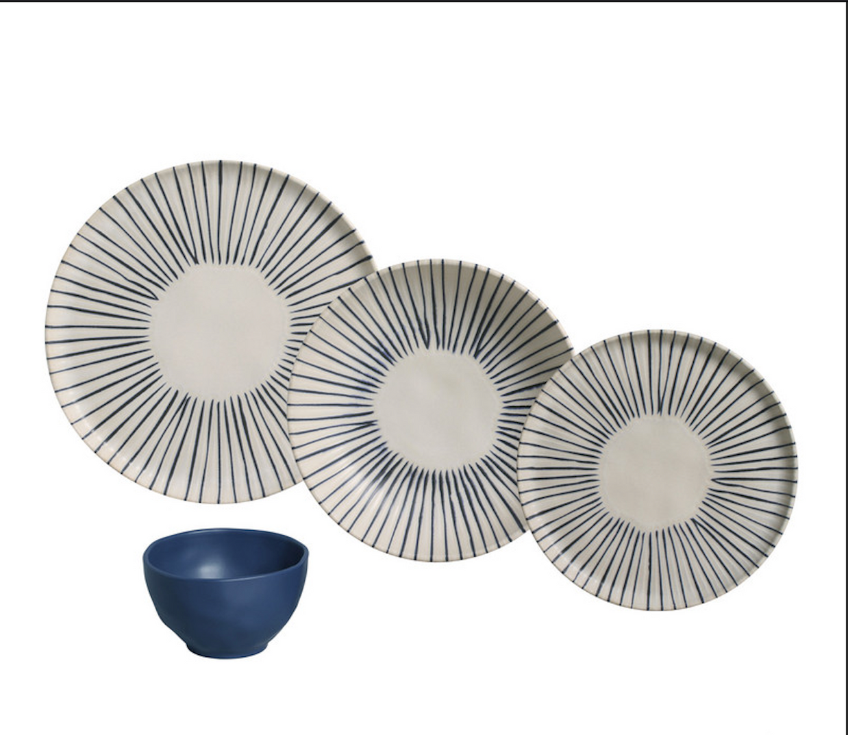 Three white ceramic plates with navy blue sunburst line pattern radiating from center, small navy blue bowl on white background