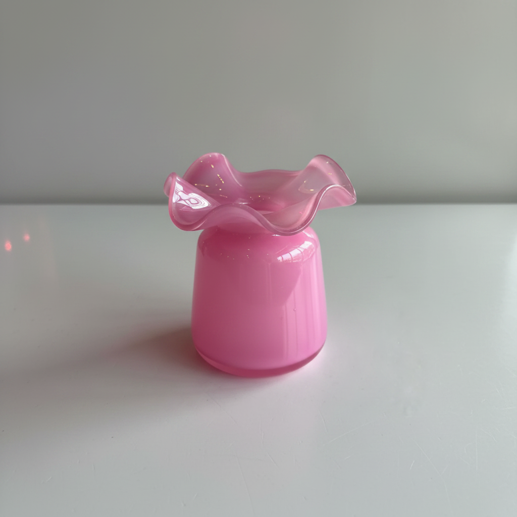 Pink art glass vase with ruffled wavy rim on cylindrical matte pink base with gold speckles throughout