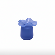 Periwinkle blue frosted glass vase with ruffled wavy rim and cylindrical matte base on white background