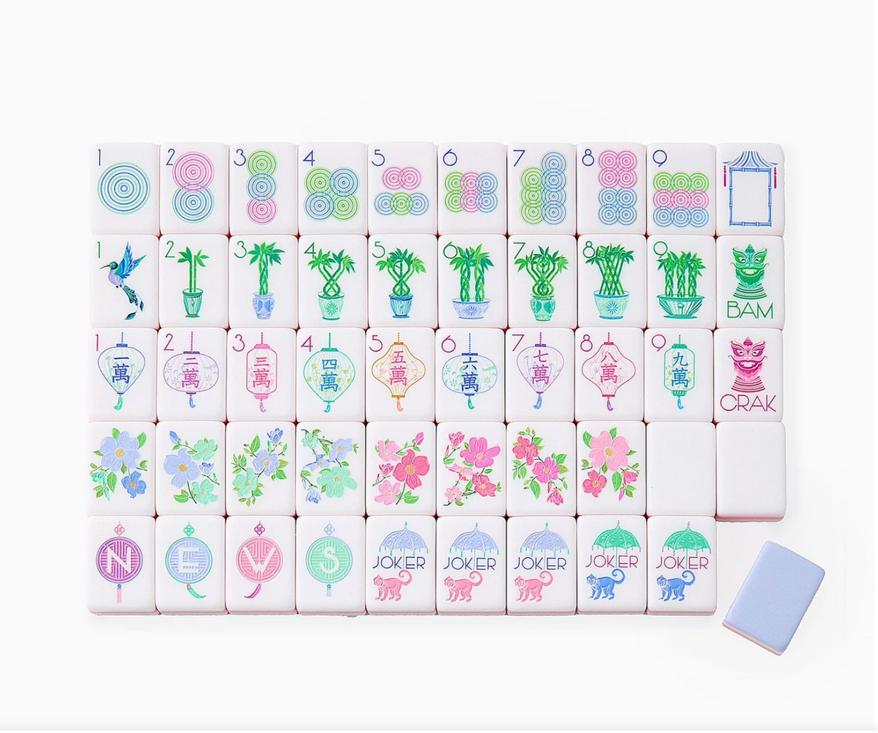 Pastel mahjong tiles featuring watercolor bamboo, lanterns, flowers, and monkeys with pink and blue accents on white tiles
