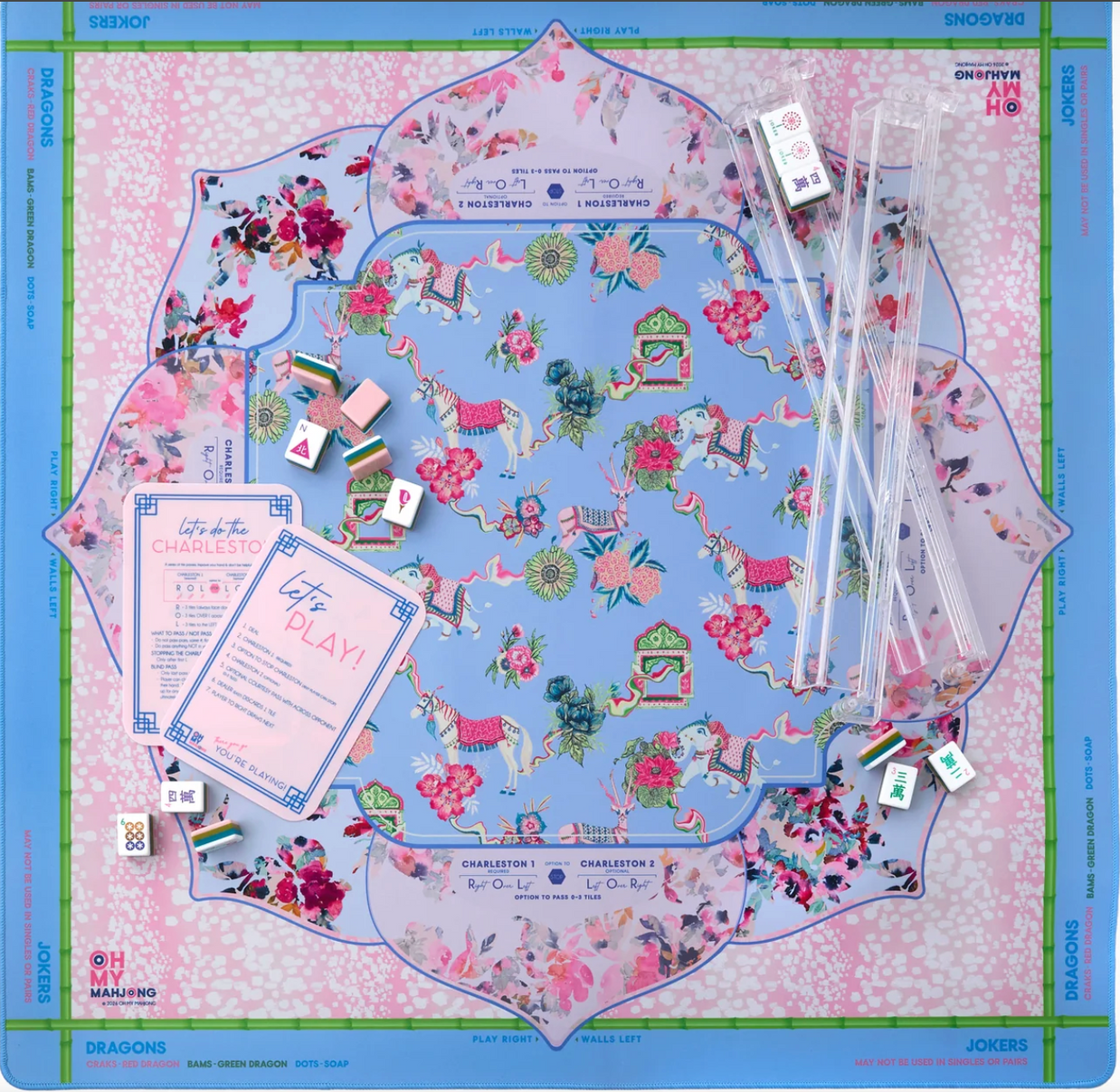 Mahjong game board with chinoiserie pattern featuring elephants, pagodas, and florals in periwinkle blue, pink, and green