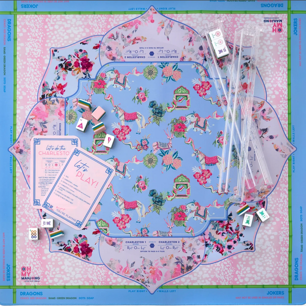Mahjong game board with chinoiserie pattern featuring elephants, pagodas, and florals in periwinkle blue, pink, and green