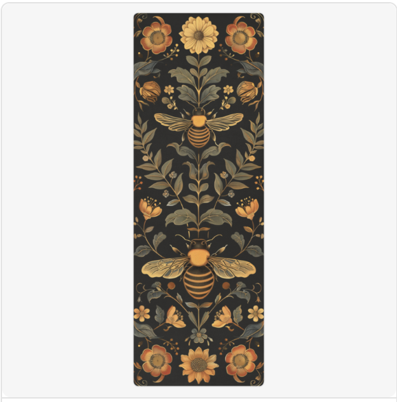Black yoga mat with symmetrical folk art pattern featuring golden bees, sage green leaves, and orange floral motifs.