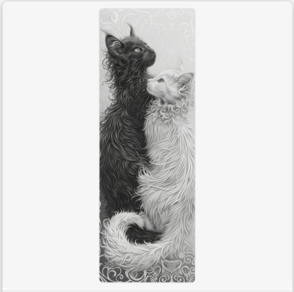Yoga mat featuring black and white long-haired cats in yin-yang formation with ornate swirling patterns on gray background.