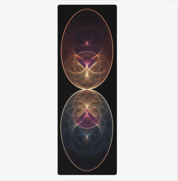 Yoga mat with celestial design featuring two oval mandala patterns in gold, purple, and bronze on black background