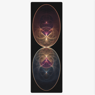 Yoga mat with celestial design featuring two oval mandala patterns in gold, purple, and bronze on black background