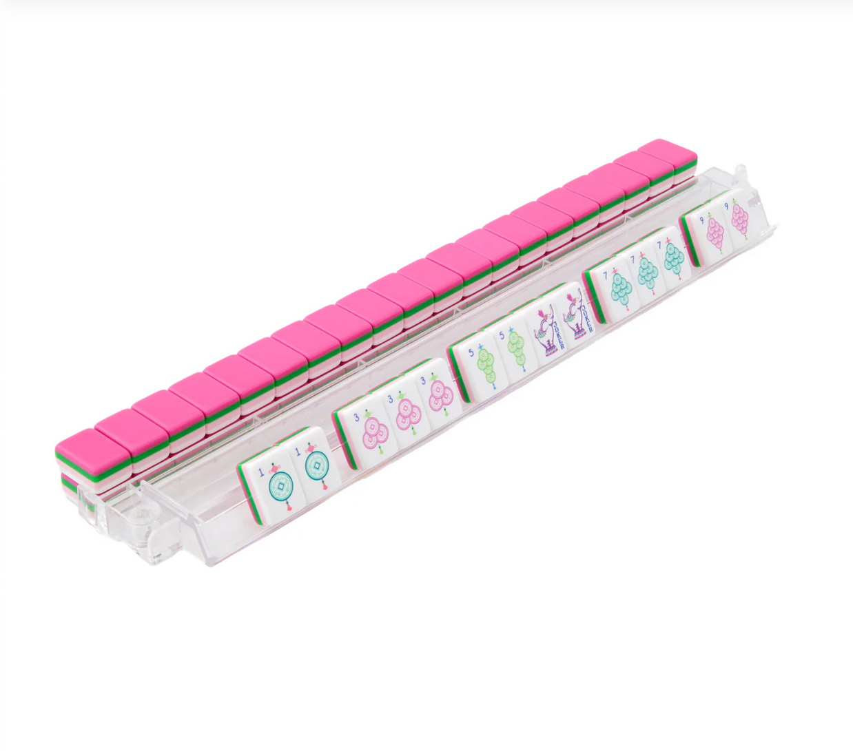 Clear acrylic mahjong tile rack with pink lid and green trim displaying colorful numbered tiles with circle and bamboo symbols