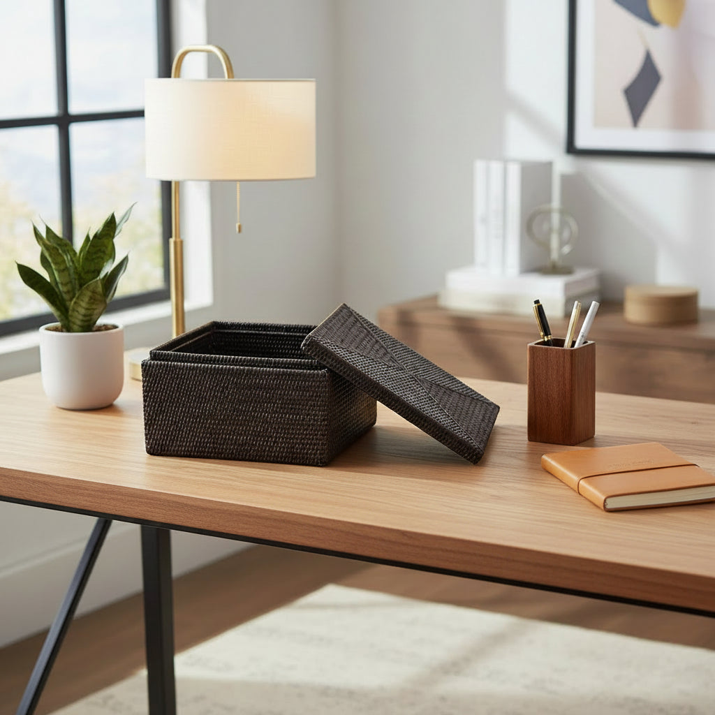 Artifacts Trading Company Rattan Rectangular Storage Box with Lid in Tudor Black