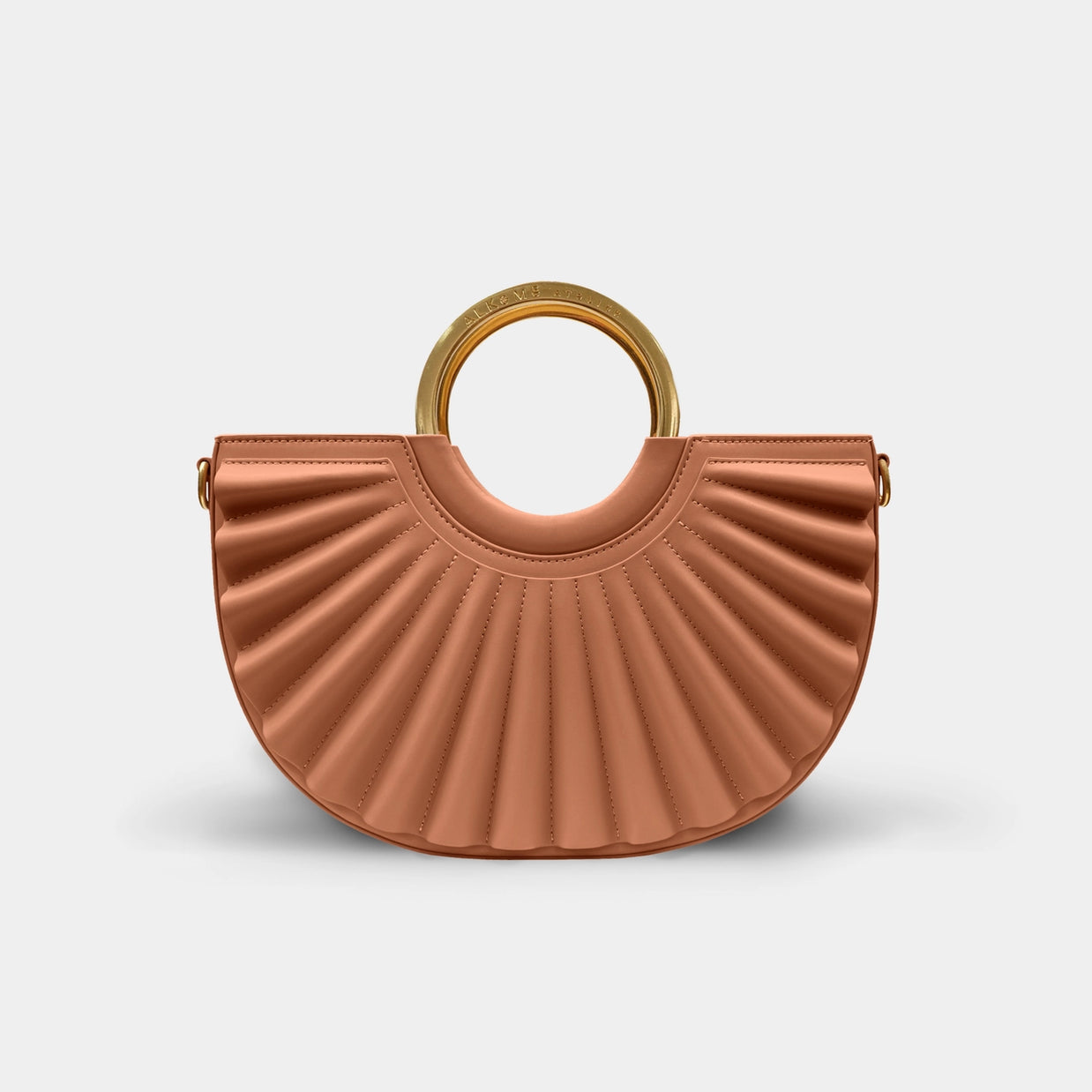 Camel brown leather half-moon handbag with radiating quilted pleats and polished gold circular top handle