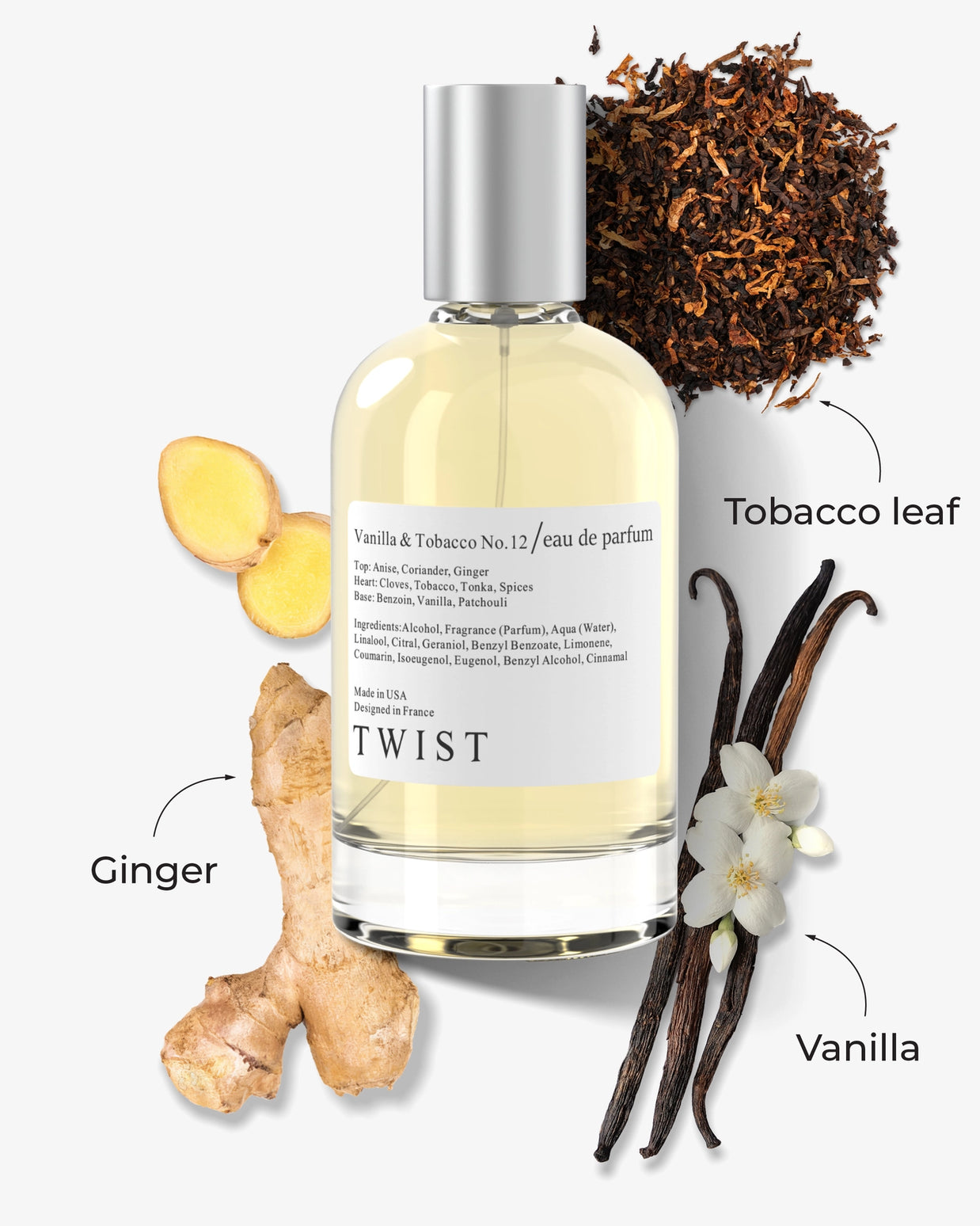 Clear glass eau de parfum bottle with silver cap surrounded by ginger root, vanilla beans, tobacco leaf, and white orchid