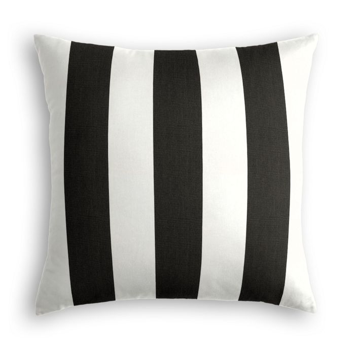 Square throw pillow with bold black and white vertical stripes in weather-resistant Sunbrella fabric