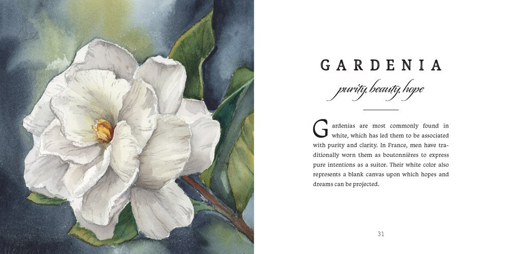 Watercolor painting of white gardenia flower with yellow center and green leaves on moody blue-gray background