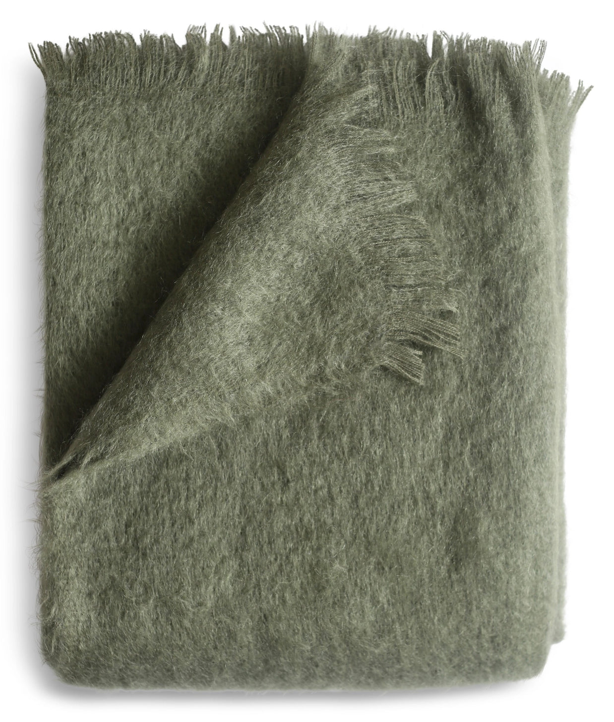 Sage green wool throw blanket with brushed texture and raw frayed edges folded to show soft fuzzy surface