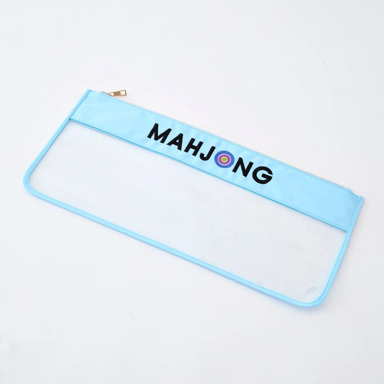 Clear vinyl pencil case with light blue trim and gold zipper featuring black MAHJONG text with colorful tile icon