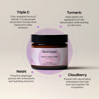 Amber glass jar with black lid and pink label showing MadHippie Triple C Night Cream with ingredient callouts on beige background