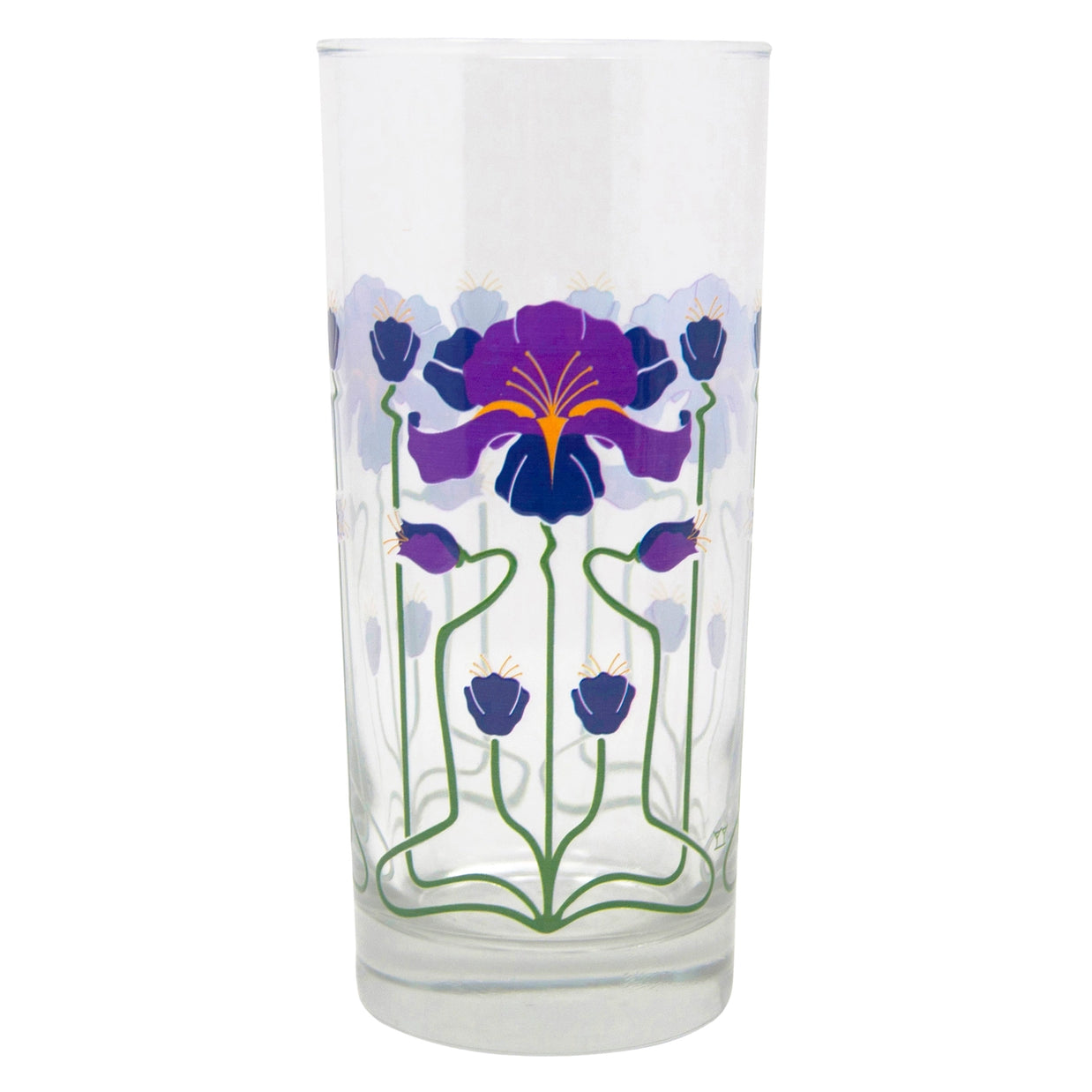 Clear glass tumbler with Art Nouveau-style purple and navy iris flowers, green stems, and yellow accents in botanical pattern