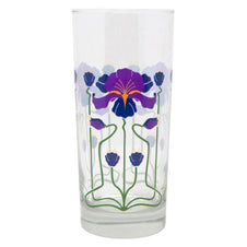 Clear glass tumbler with Art Nouveau-style purple and navy iris flowers, green stems, and yellow accents in botanical pattern