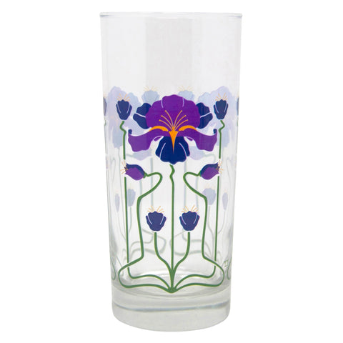 Clear glass tumbler with Art Nouveau-style purple and navy iris flowers, green stems, and yellow accents in botanical pattern
