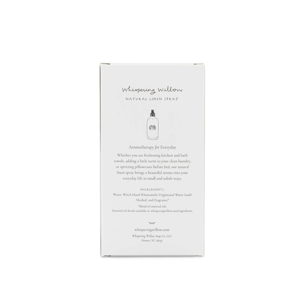 White cardboard product box for Whispering Willow natural linen spray with handwritten-style typography and spray bottle illustration