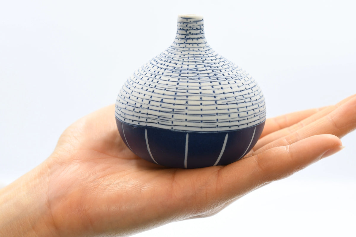 AFT Crosshatch & Blue Congo Tiny Porcelain Bud Vase