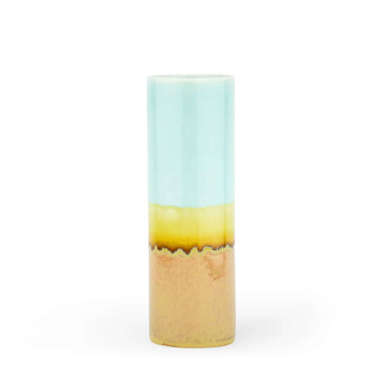 Cylindrical ceramic vase with mint blue upper half and tan beige lower half separated by dripping amber glaze border