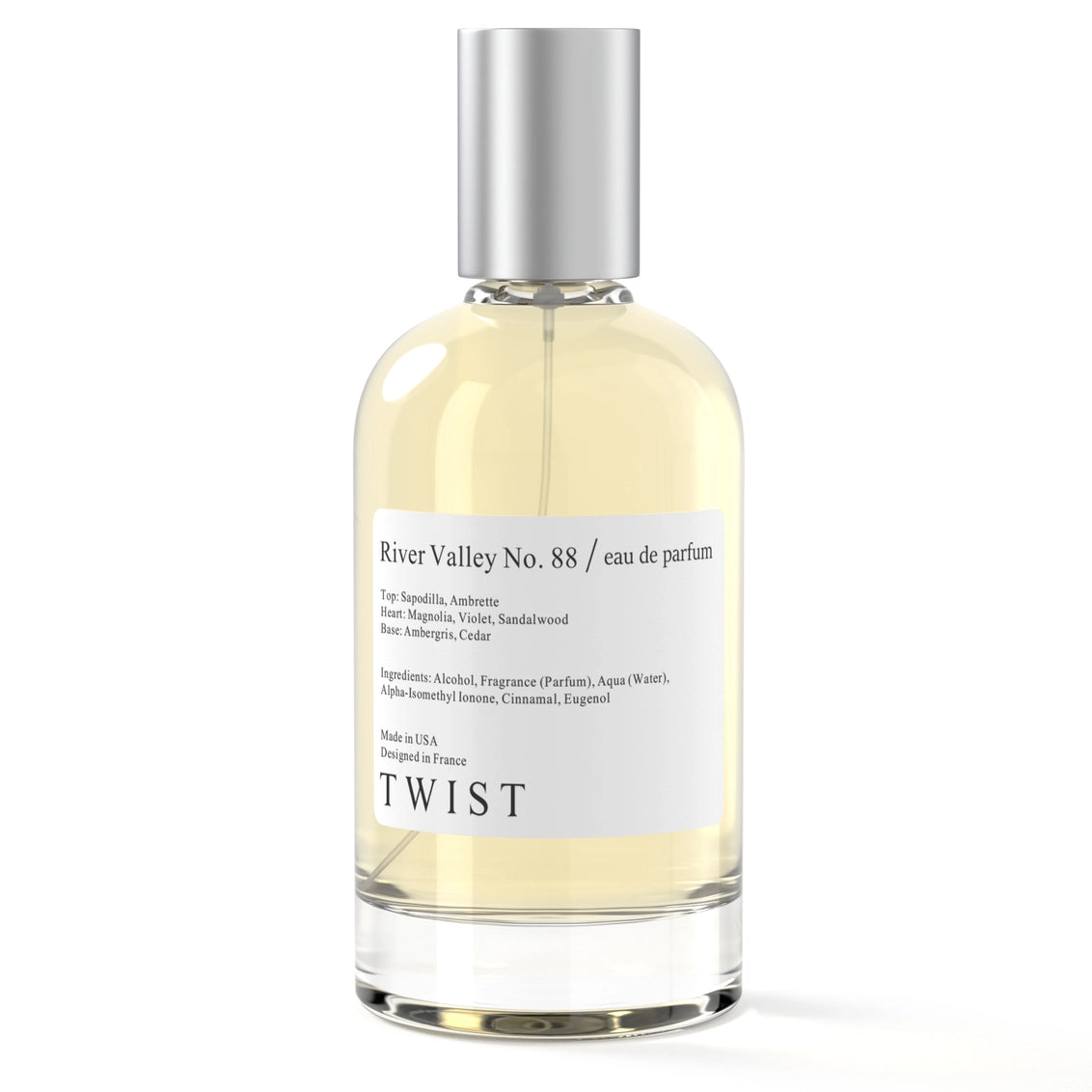 Clear glass perfume bottle with pale yellow liquid and silver cap, labeled River Valley No. 88 eau de parfum by TWIST