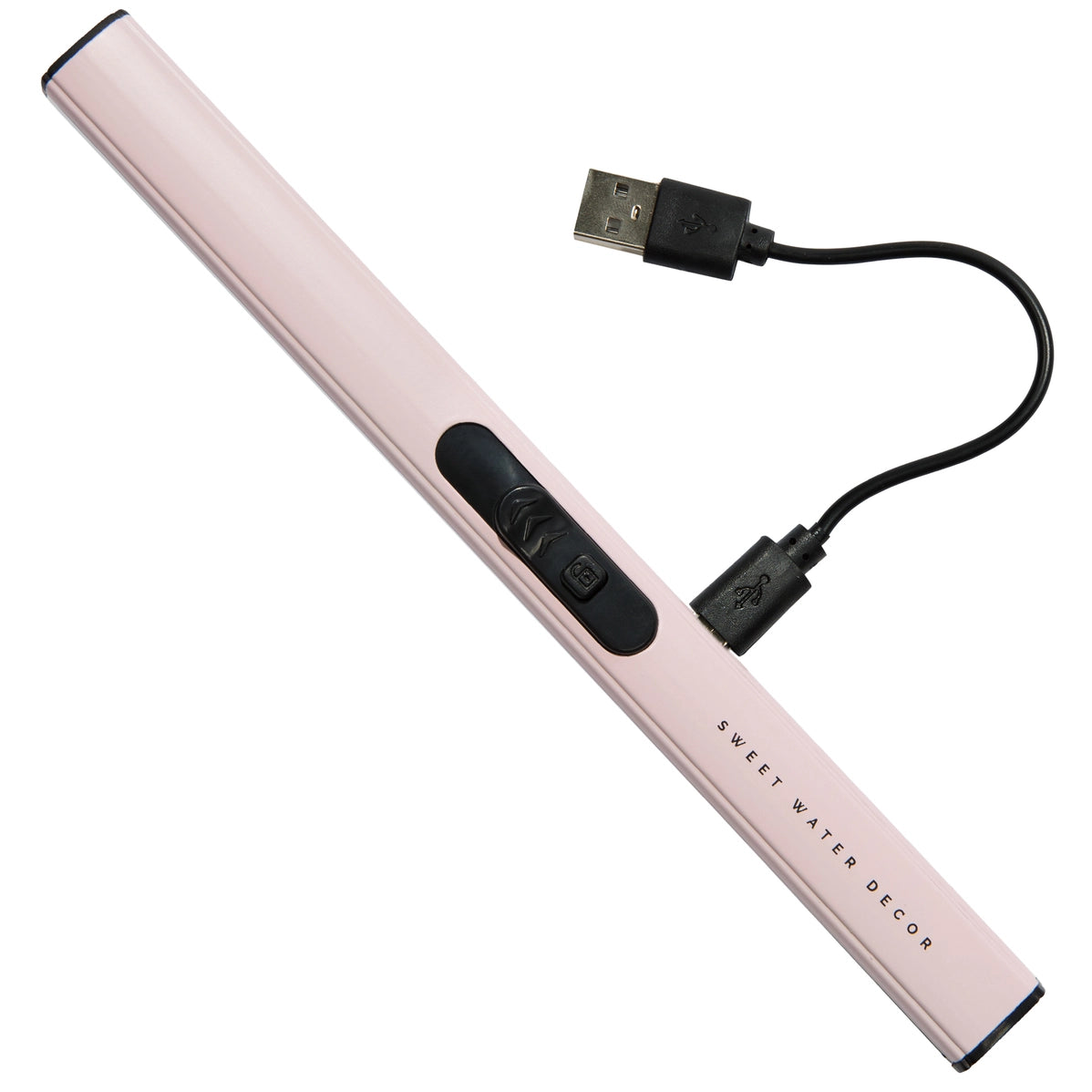 Blush pink rechargeable lighter with black oval control panel and USB charging cable on white background