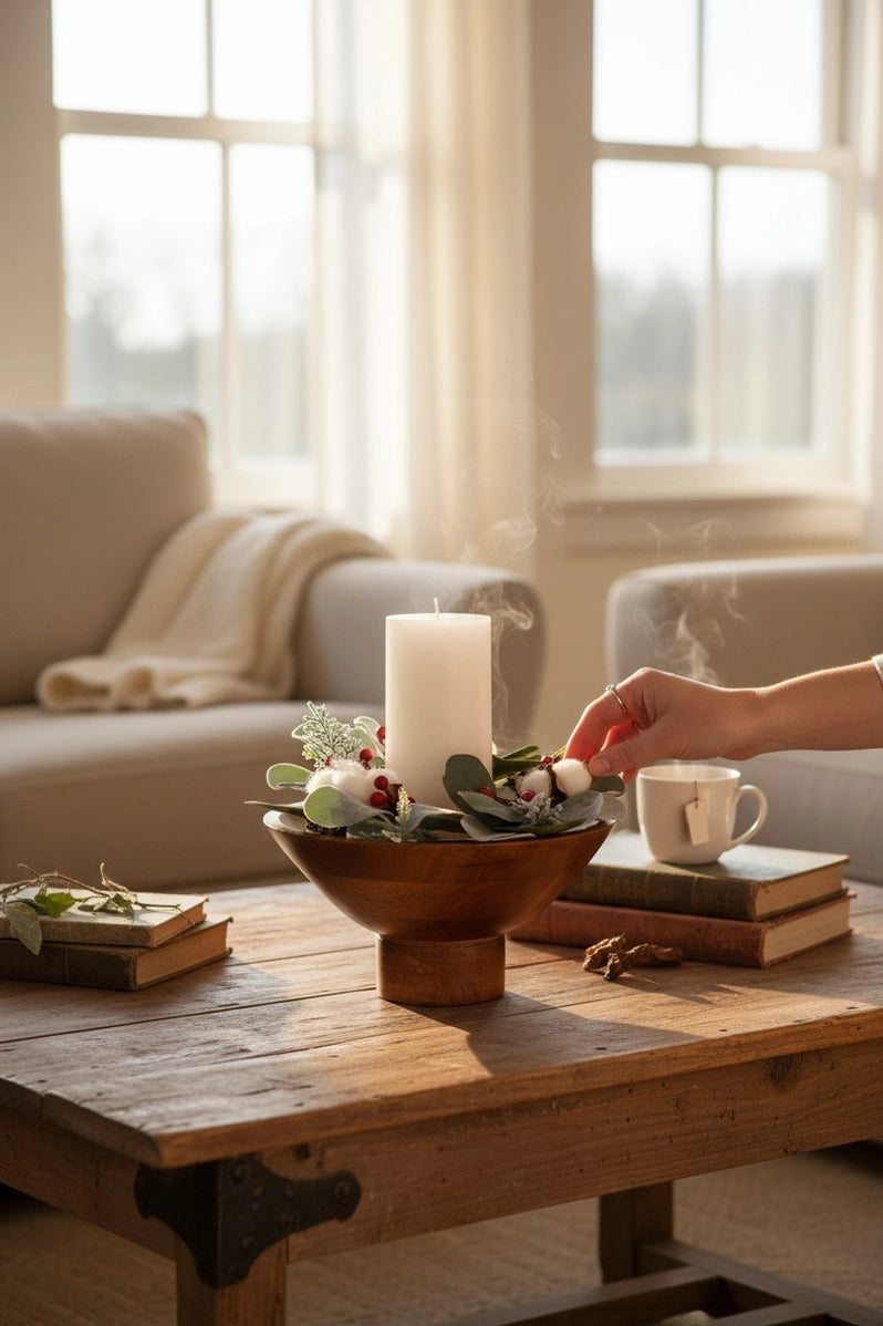 Wooden pedestal bowl with lit white pillar candle surrounded by eucalyptus, cotton stems, and red berries on rustic table