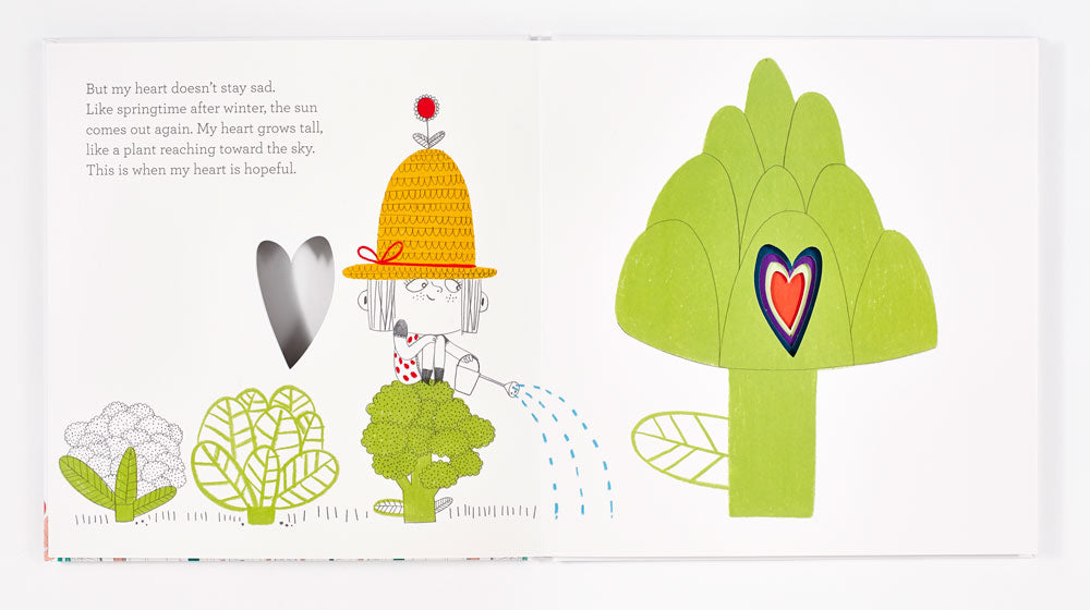 Whimsical illustrated book spread with character in yellow textured hat watering plants, lime green stylized tree with heart