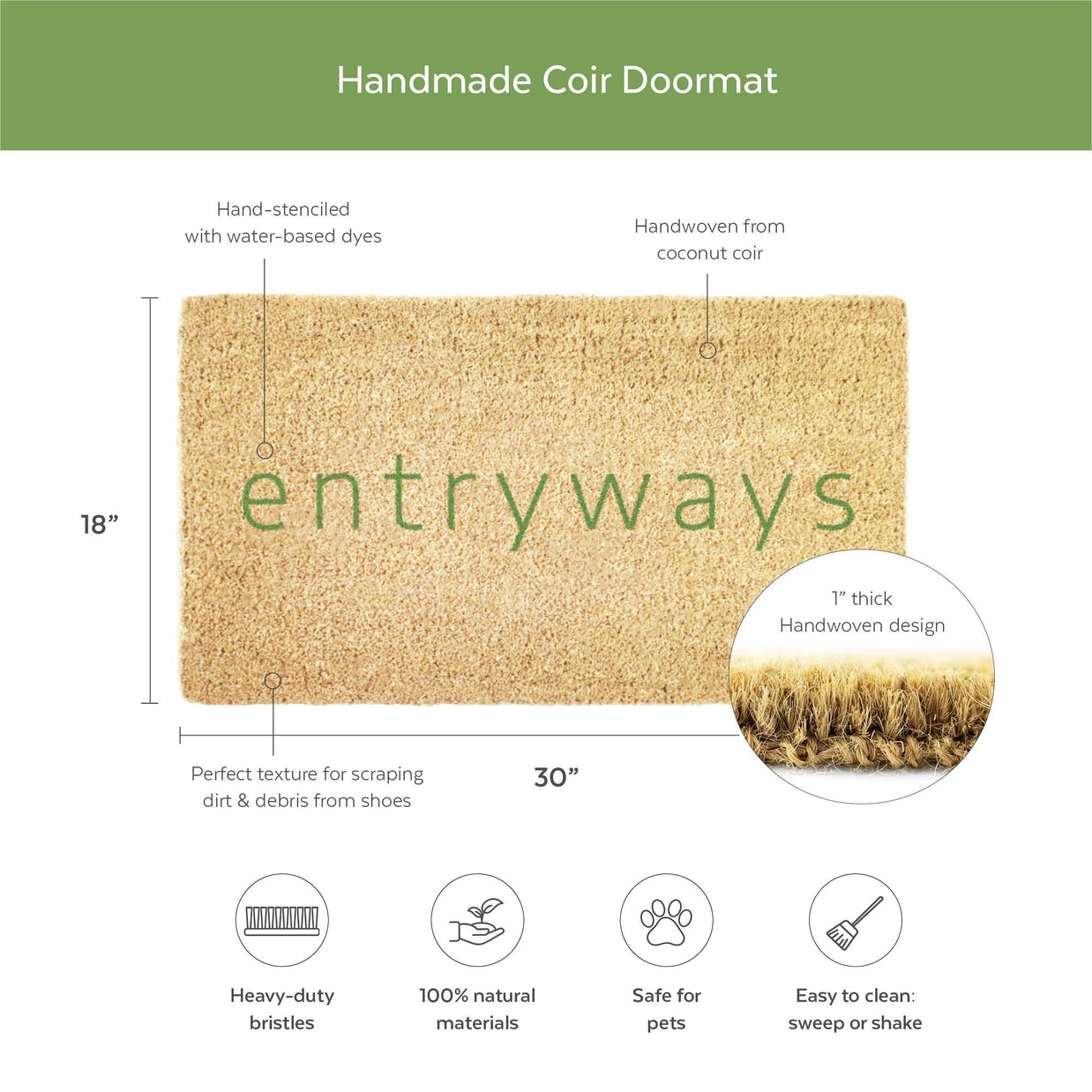Handmade coir doormat with 'entryways' branding and product features on a white background.
