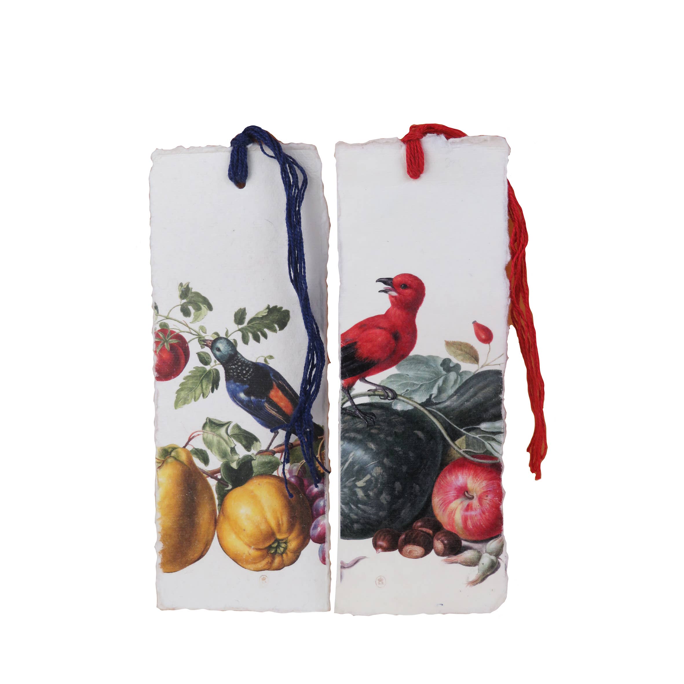 Two fabric bookmarks with nature-themed designs on a white background
