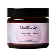 Amber glass jar with black lid containing MadHippie Triple C Night Cream, featuring pink label with circular design