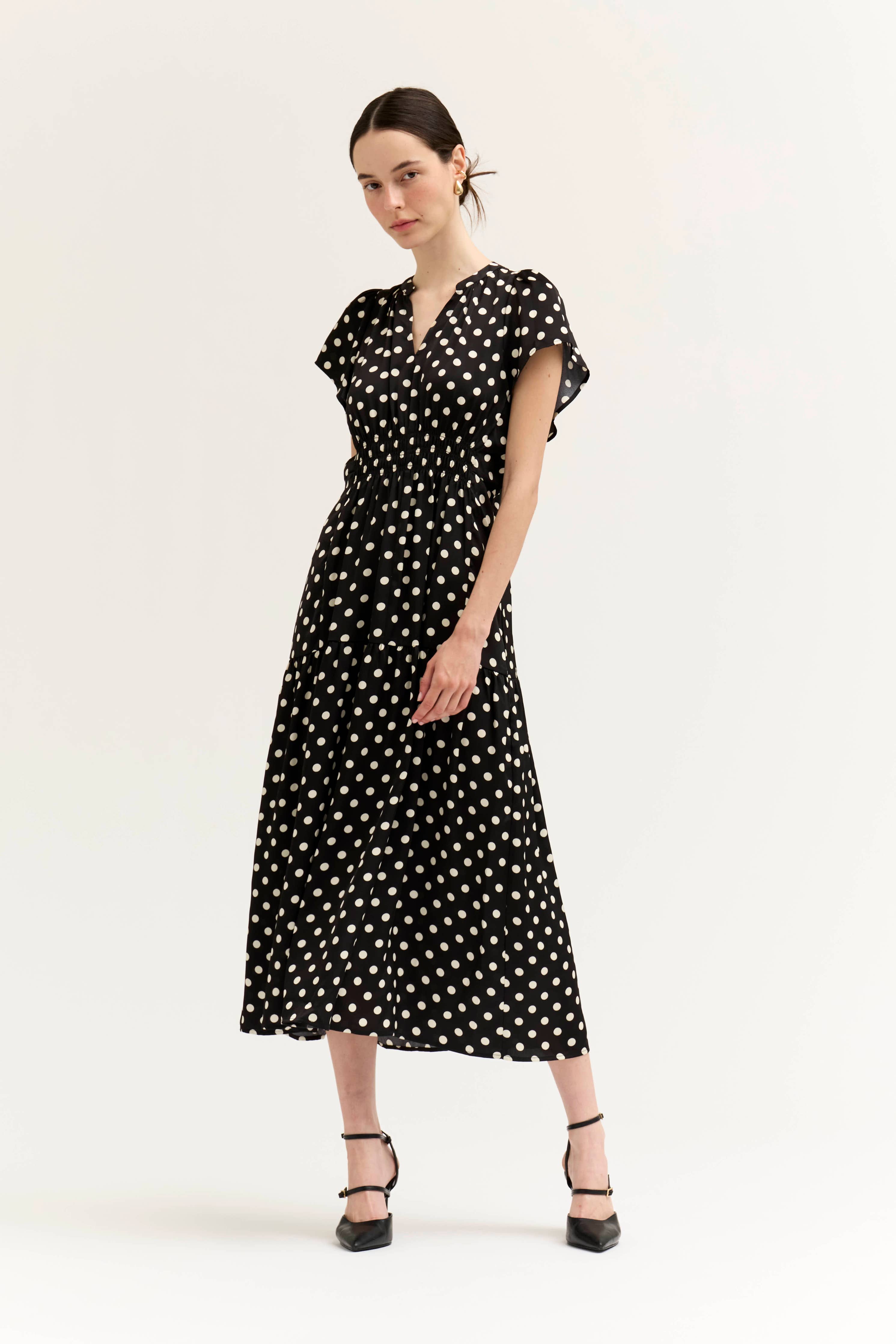 Grade & Gather Printed Ruffle Satin Midi Dress