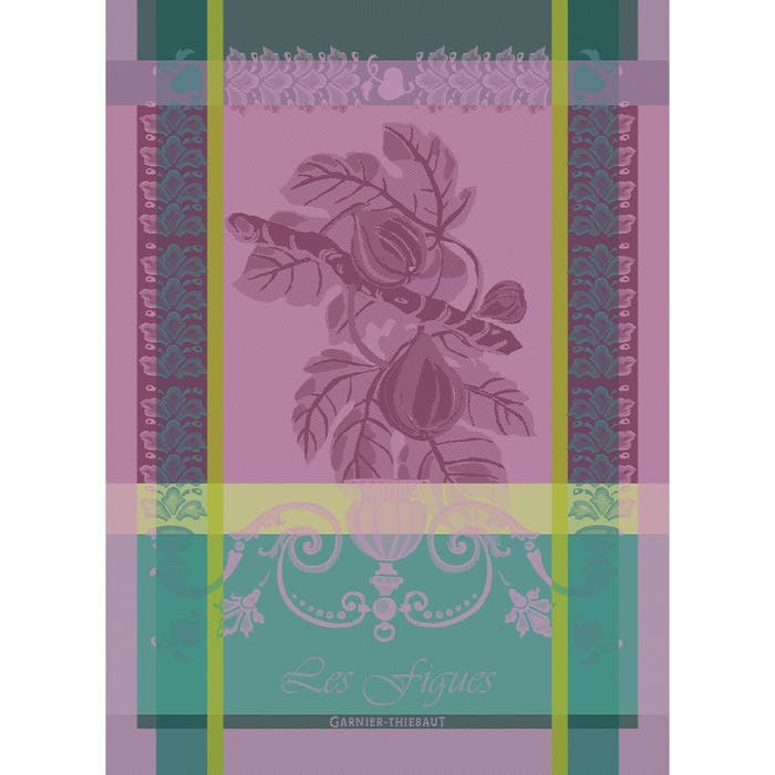 Purple and teal jacquard kitchen towel with botanical fig motif, ornate scrollwork border, and yellow vertical stripes