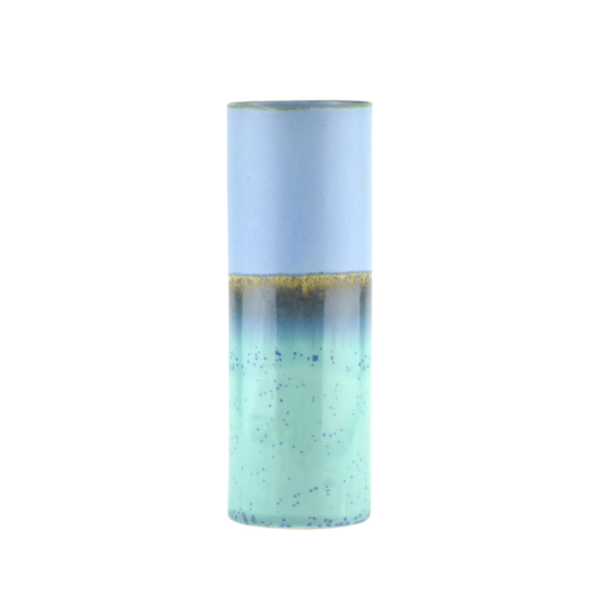 Tall cylindrical ceramic vase with matte sky blue upper half and speckled turquoise lower half separated by golden drip glaze
