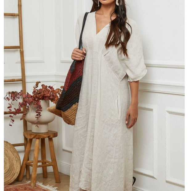LÉA & LUC Flowing V-Neck 100% Linen Dress