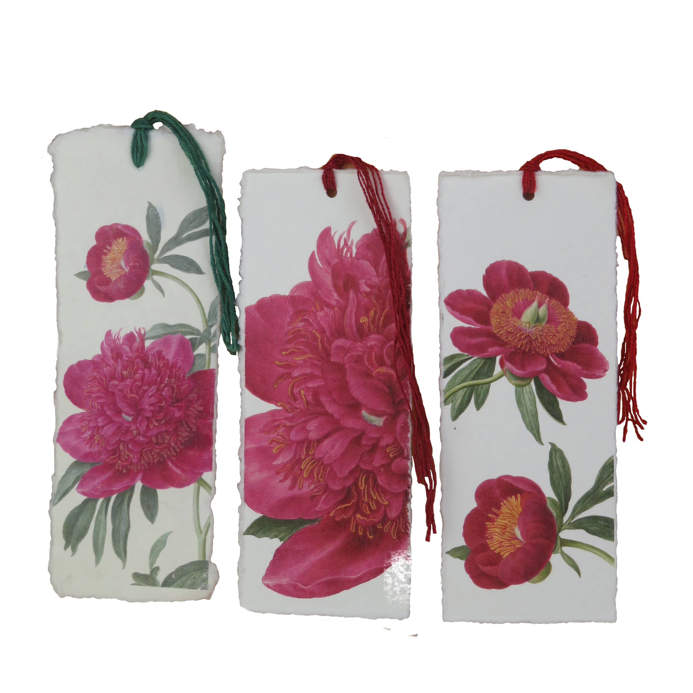 Three floral bookmarks with tassels on a white background