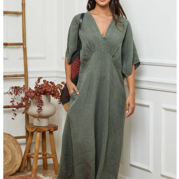 LÉA & LUC Flowing V-Neck 100% Linen Dress
